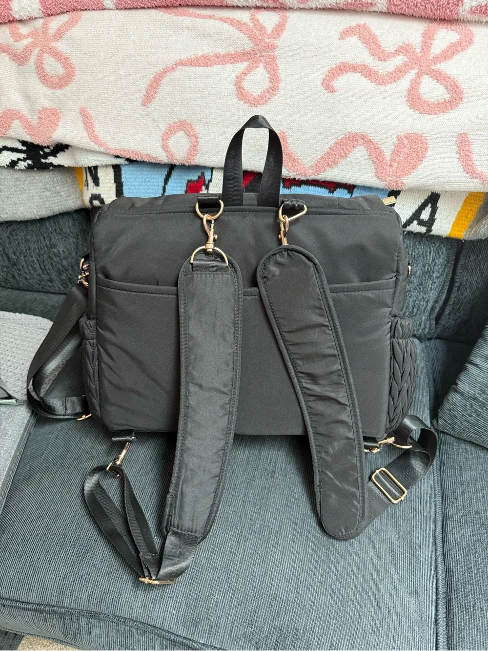 Hannah & Sophia Black Quilted Diaper Bag Backpack Black and Gold